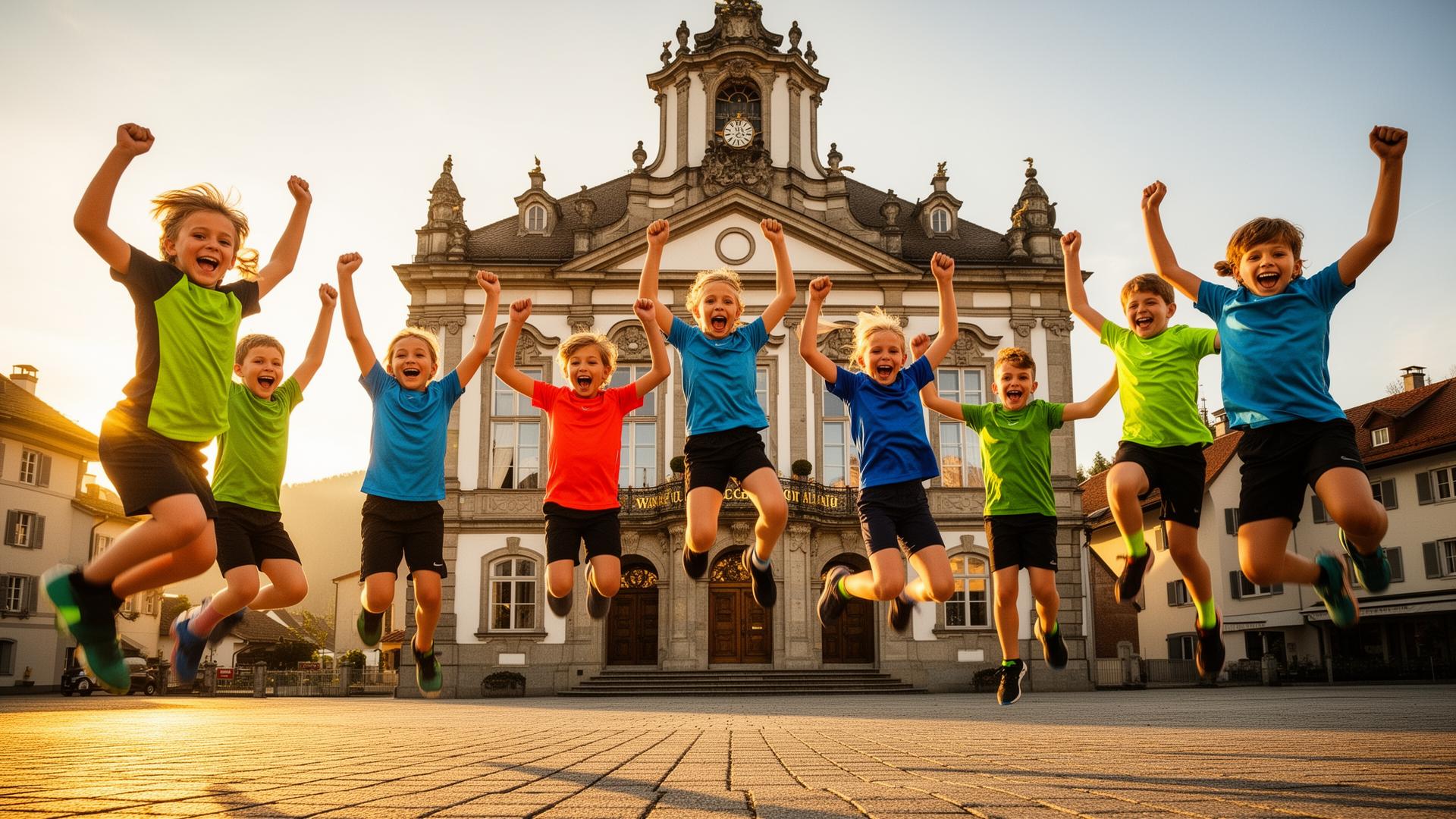 Jubelnde junge Sportlerinnen und Sportler vor dem Rathaus Wangen